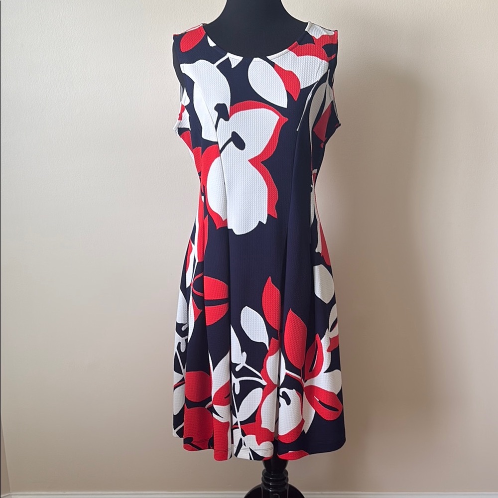 Sleeveless Navy Floral A-Line Dress with Red & White Print